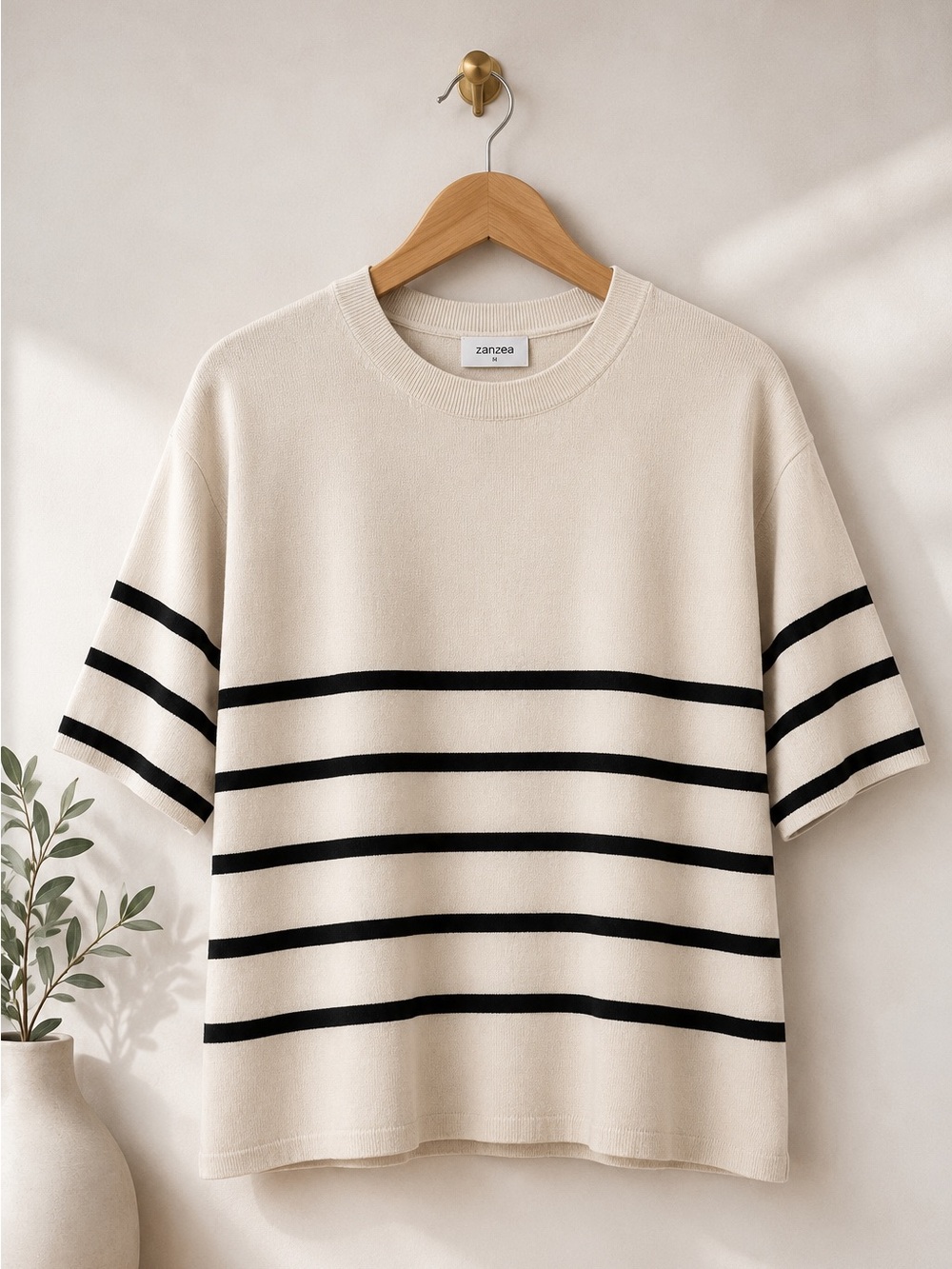 Zanzea Cream Black Stripe Knit Sweater Top Size M Coastal Chic